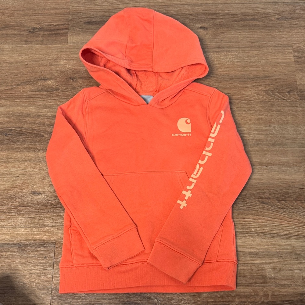 Carhartt Kids Bright Orange Hooded Sweatshirt with Sleeve Logo